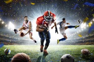 Sportcollage mit Basketball Fußball und Football